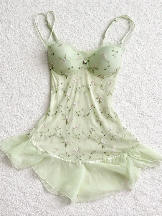 Vintage Light Green Floral Embroidered Slip Dress - Picture 2 of 5